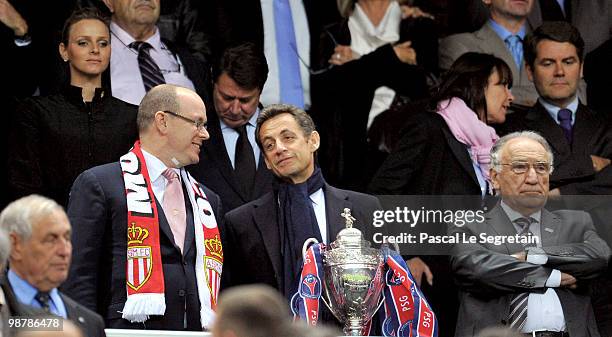 Prince Albert II of Monaco Charlene Wittstock and French President Nicolas Sarkozy ) attend the French Football cup Final between A.S Monaco and the...