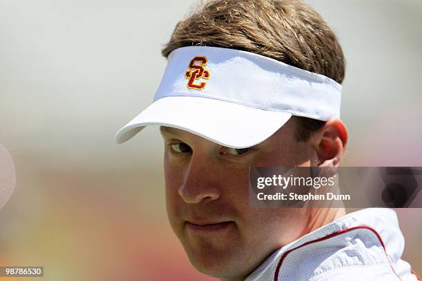 Head coach Lane Kiffin looks on during the USC Trojans spring game on May 1, 2010 at the Los Angeles Memorial Coliseum in Los Angeles, California.