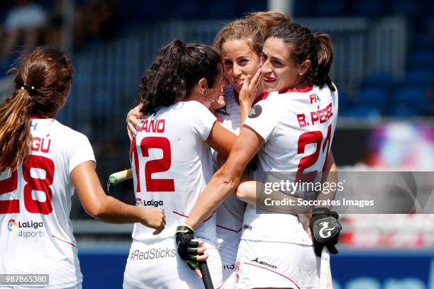 Carlota Petchame of Spain Women celebrates 5-1 with Maria Lopez of Spain Women during the Rabobank 4-Nations trophy match between Spain v China at...