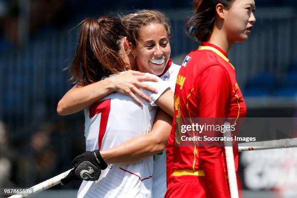 Carlota Petchame of Spain Women celebrates 5-1 with Maria Lopez of Spain Women during the Rabobank 4-Nations trophy match between Spain v China at...