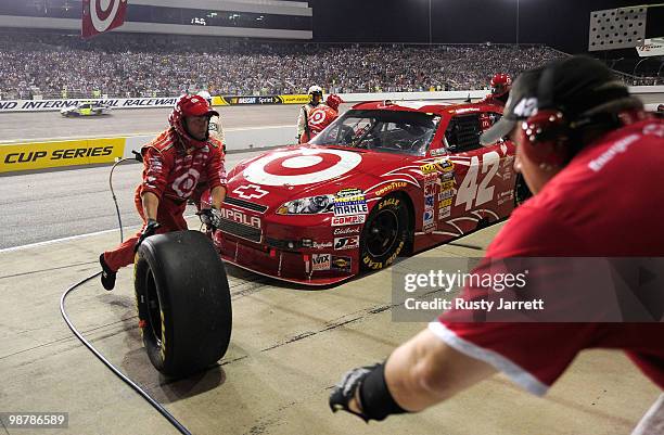 Juan Pablo Montoya, driver of the Target Chevrolet, pits during the NASCAR Sprint Cup Series Crown Royal Presents the Heath Calhoun 400 at Richmond...