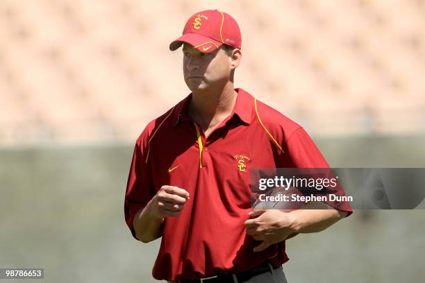 Head coach Lane Kiffin looks on during the USC Trojans spring game on May 1, 2010 at the Los Angeles Memorial Coliseum in Los Angeles, California.