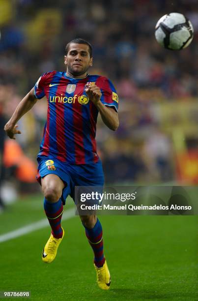 Daniel Alves of FC Barcelona in action during the La Liga match between Villarreal CF and FC Barcelona at El Madrigal stadium on May 1, 2010 in...