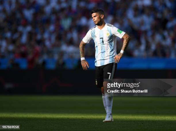 Ever Banega of Argentina reacts during the 2018 FIFA World Cup Russia Round of 16 match between France and Argentina at Kazan Arena on June 30, 2018...