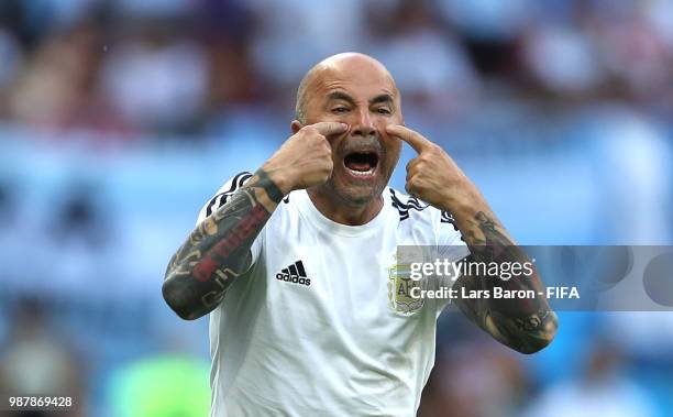 Jorge Sampaoli, Head coach of of Argentina gives his team instructions during the 2018 FIFA World Cup Russia Round of 16 match between France and...