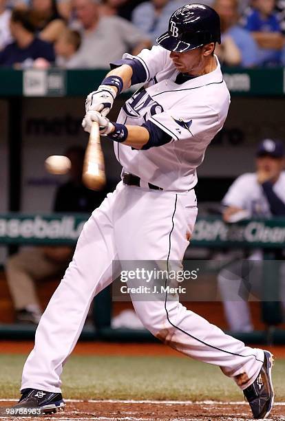 Outfielder Ben Zobrist of the Tampa Bay Rays fouls off a pitch against the Kansas City Royals during the game at Tropicana Field on May 1, 2010 in...