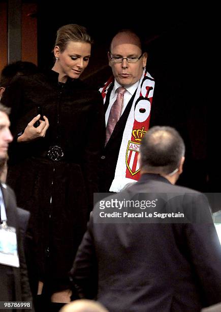Prince Albert II of Monaco and Charlene Wittstock attend the French Football cup Final between A.S Monaco and Paris Saint Germain Football club at...