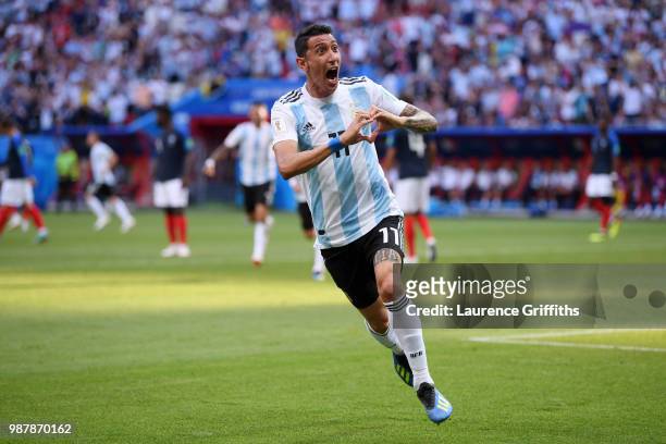 Angel Di Maria of Argentina celebrates after scoring his team's first goal during the 2018 FIFA World Cup Russia Round of 16 match between France and...
