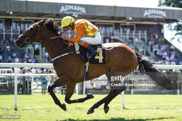 Andrea Atzeni riding Second Step win The Betway Fred Archer Stakes at Newmarket Racecourse on June 30, 2018 in Newmarket, United Kingdom.