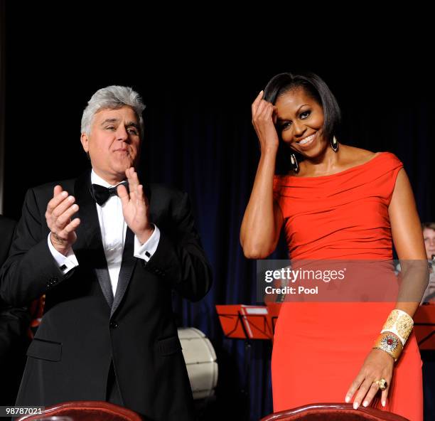 First Lady Michelle Obama and comedianJay Leno during the White House Correspondents' Association Dinner at the Washington Hilton May 1, 2010 in...