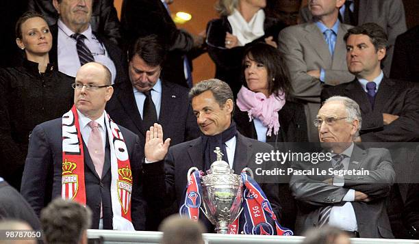 Prince Albert II of Monaco Charlene Wittstock and French President Nicolas Sarkozy ) attend the French Football cup Final between A.S Monaco and...