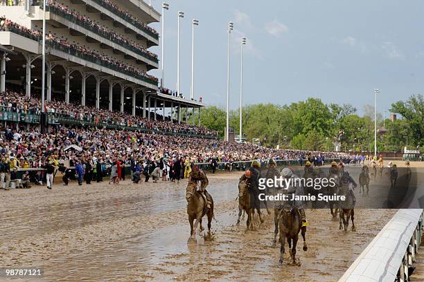 Calvin Borel atop Super Saver crosses the finish line to win the 136th running of the Kentucky Derby on May 1, 2010 in Louisville, Kentucky.