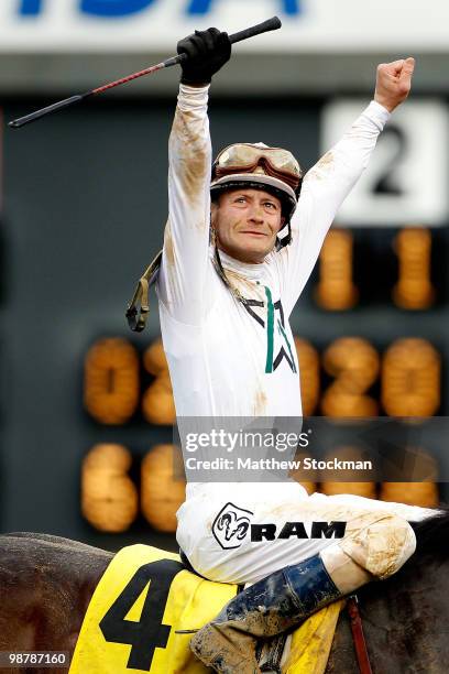 Calvin Borel celebrates atop Super Saver after winning the 136th running of the Kentucky Derby on May 1, 2010 in Louisville, Kentucky.