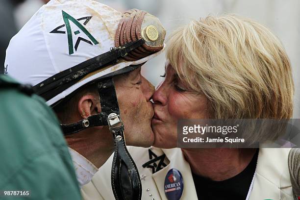 Calvin Borel kisses owner Bill Casner's wife Susan after after winning the 136th running of the Kentucky Derby atop Super Saver on May 1, 2010 in...