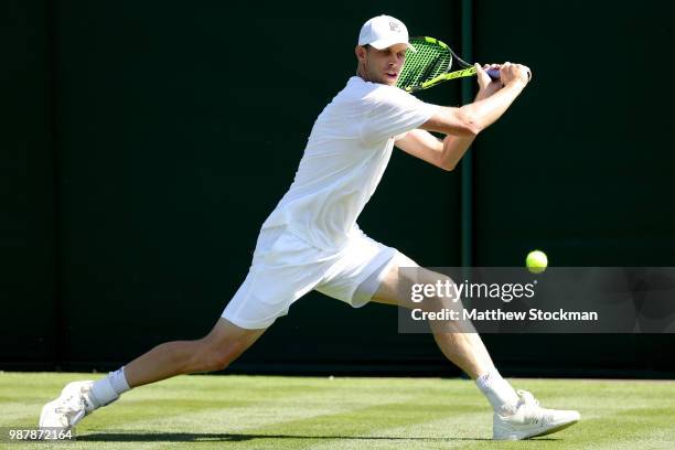 Sam Querrey of the United States practices on court during training for the Wimbledon Lawn Tennis Championships at the All England Lawn Tennis and...