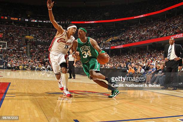 Paul Pierce of the Boston Celtics drives against Jamario Moon of the Cleveland Cavaliers in Game One of the Eastern Conference Semifinals during the...