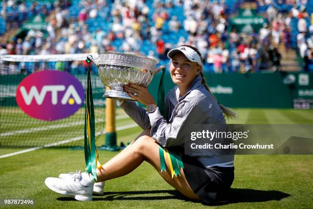 Caroline Wozniacki of Denmark celebrates winning the women singles final against Aryna Sabalenka of Belarus during Day Nine of the Nature Valley...