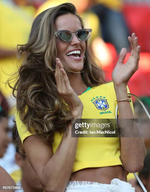 Izabel Goulart is seen during the 2018 FIFA World Cup Russia group E match between Serbia and Brazil at Spartak Stadium on June 27, 2018 in Moscow,...