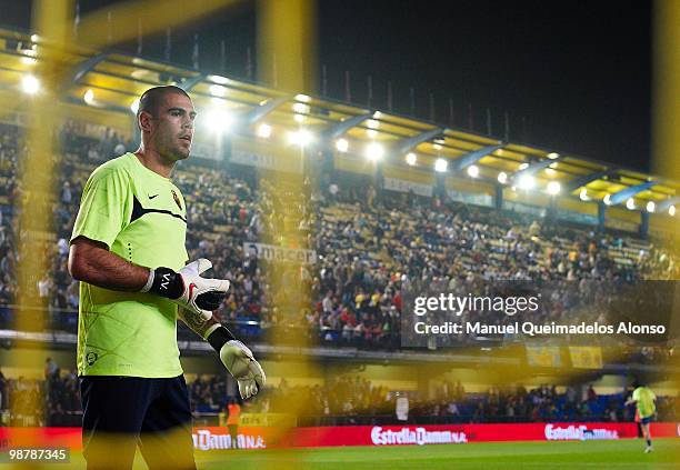 Victor Valdes of FC Barcelona looks on before the La Liga match between Villarreal CF and FC Barcelona at El Madrigal stadium on May 1, 2010 in...