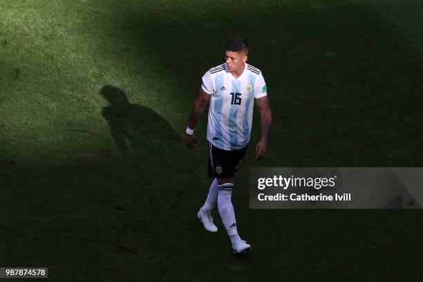 Marcos Rojo of Argentina looks on during the 2018 FIFA World Cup Russia Round of 16 match between France and Argentina at Kazan Arena on June 30,...