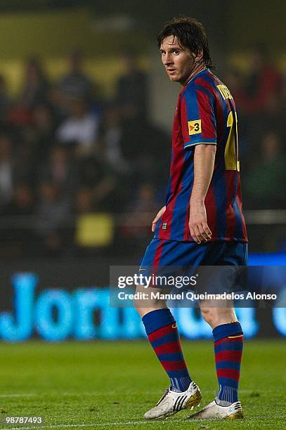 Lionel Messi of FC Barcelona looks on during the La Liga match between Villarreal CF and FC Barcelona at El Madrigal stadium on May 1, 2010 in...