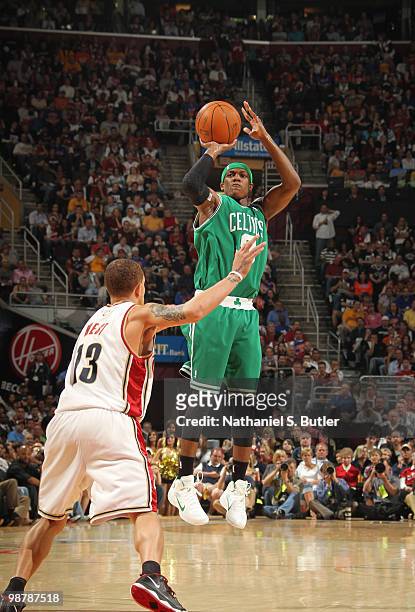 Rajon Rondo of the Boston Celtics shoots against Delonte West of the Cleveland Cavaliers in Game One of the Eastern Conference Semifinals during the...