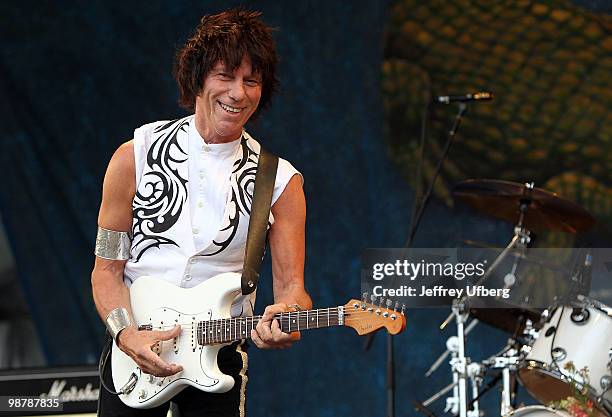 Musician Jeff Beck performs during day 6 of the 41st annual New Orleans Jazz & Heritage Festival at the Fair Grounds Race Course on May 1, 2010 in...