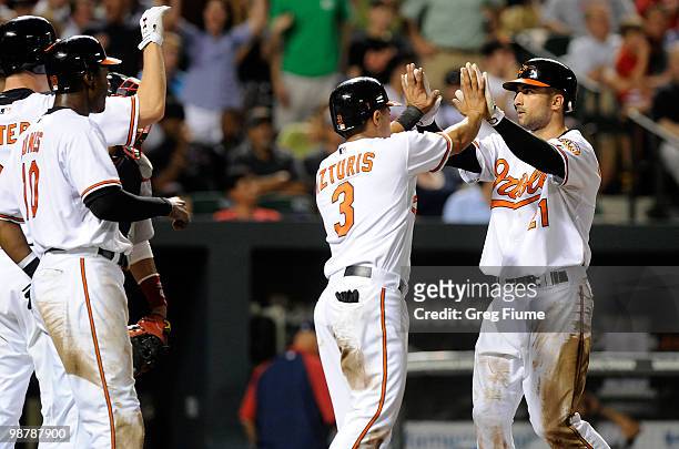 Nick Markakis of the Baltimore Orioles celebrates with Cesar Izturis after hitting a home run in the sixth inning against the Boston Red Sox at...
