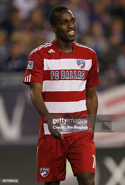 Atiba Harris of FC Dallas reacts during a game against the New England Revolution, 1-1, at Gillette Stadium on May 1, 2010 in Foxboro, Massachusetts....