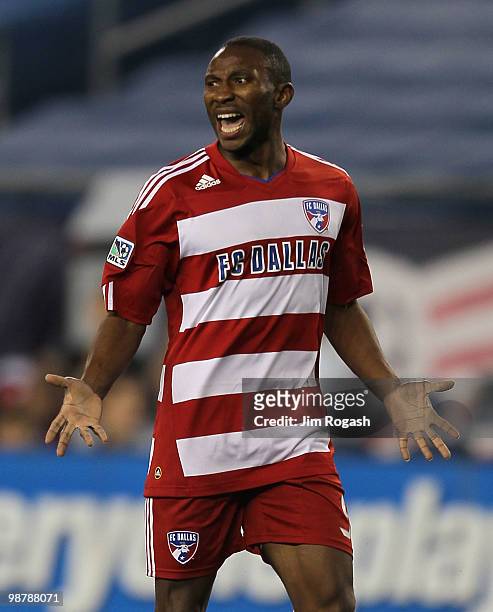 Jeff Cunningham of FC Dallas reacts during a game against the New England Revolution, who makes a save late in the second half, at Gillette Stadium...