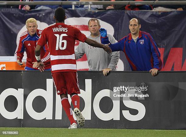Atiba Harris of FC Dallas celebrates after scoring the tying goal against the New England Revolution, 1-1, at Gillette Stadium on May 1, 2010 in...