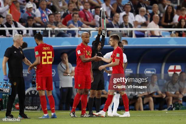 Nacer Chadli of Belgium, Vincent Kompany of Belgium, Adnan Januzaj of Belgium during the 2018 FIFA World Cup Russia group G match between England and...