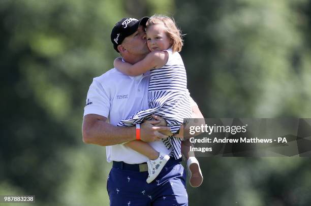 England's Mike Tindall with his daughter Mia, during the Celebrity Cup charity golf tournament at The Celtic Manor Resort in Newport.