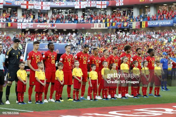 Goalkeeper Thibaut Courtois of Belgium, Leander Dendoncker of Belgium, Dedryck Boyata of Belgium, Thomas Vermaelen of Belgium, Nacer Chadli of...