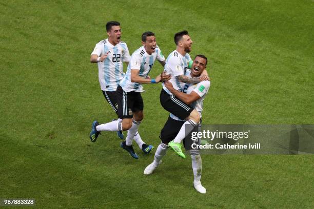 Gabriel Mercado of Argentina celebrates with teammates after scoring his team's second goal during the 2018 FIFA World Cup Russia Round of 16 match...