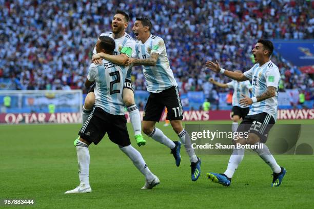 Gabriel Mercado of Argentina celebrates after scoring his side's second goal with team mates Lionel Messi, Angel Di Maria and Cristian Pavon during...