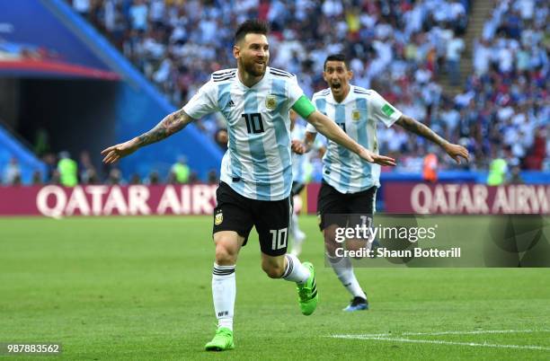 Lionel Messi of Argentina celebrates after teammate Gabriel Mercado scores their team's second goal during the 2018 FIFA World Cup Russia Round of 16...