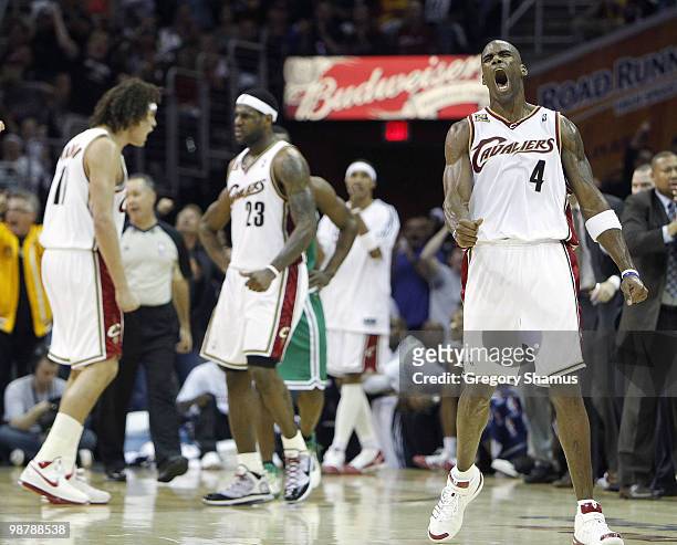 Antawn Jamison of the Cleveland Cavaliers reacts in front of LeBron James and Anderson Varejao after a turnover by the Boston Celtics during Game One...