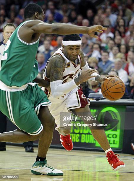 Mo Williams of the Cleveland Cavaliers drives around Tony Allen of the Boston Celtics during Game One of the Eastern Conference Semifinals during the...