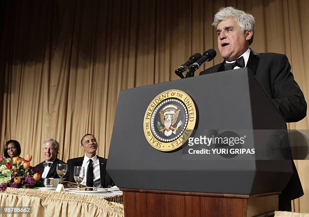 President Barack Obama and First Lady Michelle Obama listen to a monologue by Comedian Jay Leno at the White House Correspondents' Association Dinner...