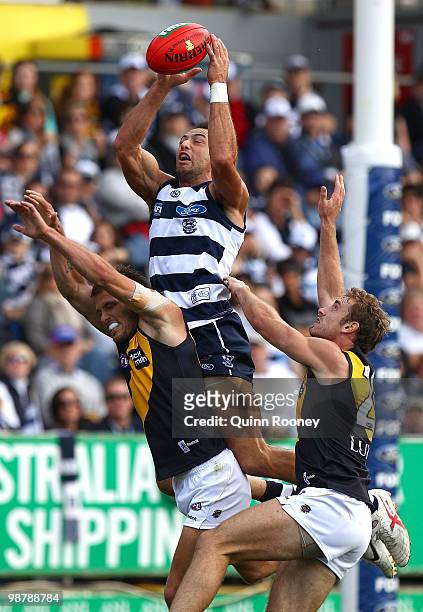 James Podsiadly of the Cats attempts to mark during the round six AFL match between the Geelong Cats and the Richmond Tigers at Skilled Stadium on...