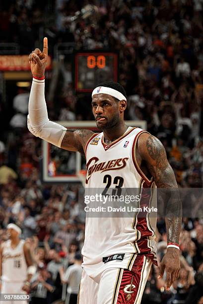 LeBron James of the Cleveland Cavaliers walks off the court after defeating the Boston Celtics in Game One of the Eastern Conference Semifinals at...