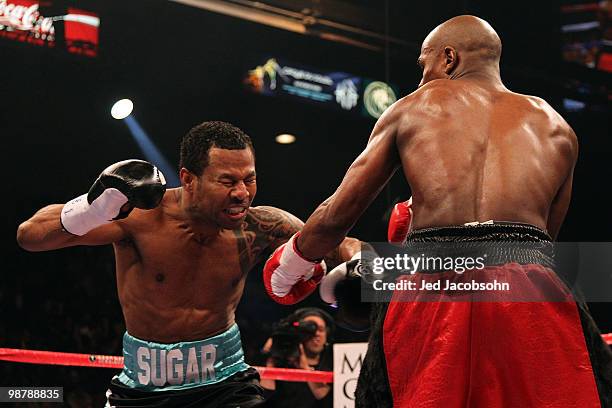 Shane Mosley reacts in the first round against Floyd Mayweather Jr. During the welterweight fight at the MGM Grand Garden Arena on May 1, 2010 in Las...