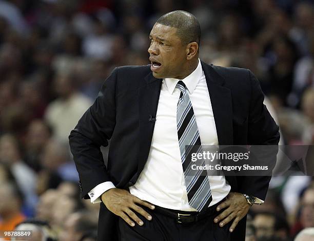 Head coach Doc Rivers of the Boston Celtics reacts to a foul call while playing the Cleveland Cavaliers in Game One of the Eastern Conference...