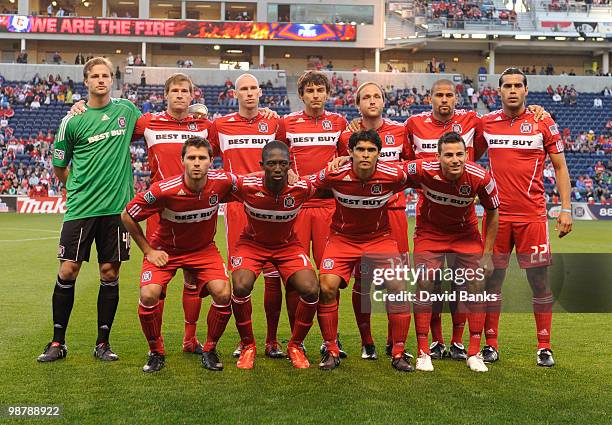 Members of the Chicago Fire pose for a starting 11 team photo before a match against the Chivas USA on May 1, 2010 at Toyota Park in Brideview,...