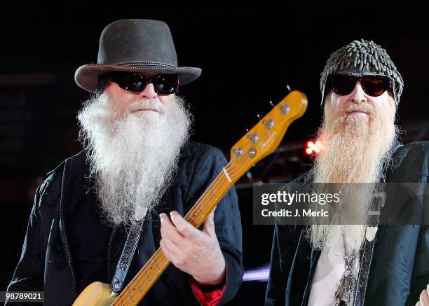 Dusty Hill and Billy Gibbons of ZZ Top perform during the Summer Concert Series at Tropicana Field on May 1, 2010 in St Petersburg, Florida.