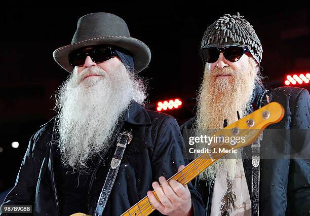 Dusty Hill and Billy Gibbons of ZZ Top perform during the Summer Concert Series at Tropicana Field on May 1, 2010 in St Petersburg, Florida.