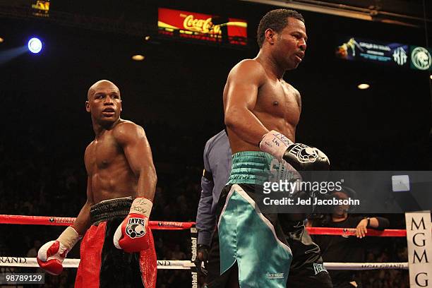 Floyd Mayweather Jr. Looks over at Shane Mosley as he walks to his corner during the welterweight fight at the MGM Grand Garden Arena on May 1, 2010...