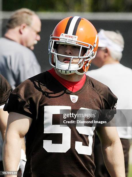 Linebacker David Zabriskie of the Cleveland Browns watches a play during the team's rookie and free agent mini camp on April 30, 2010 at the...