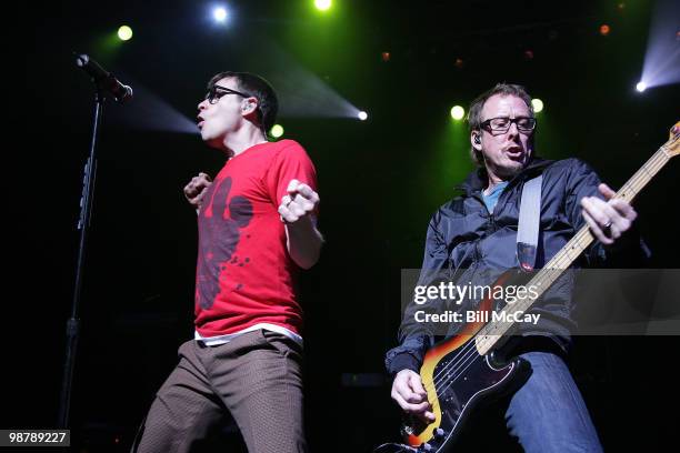 Rivers Cuomo and Scott Shriner of Weezer perform at the Borgata Hotel Casino & Spa May 1, 2010 in Atlantic City, New Jersey.